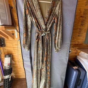Adrienne Long Sleeve Snake-Print Wrap Dress in Brown and Tan